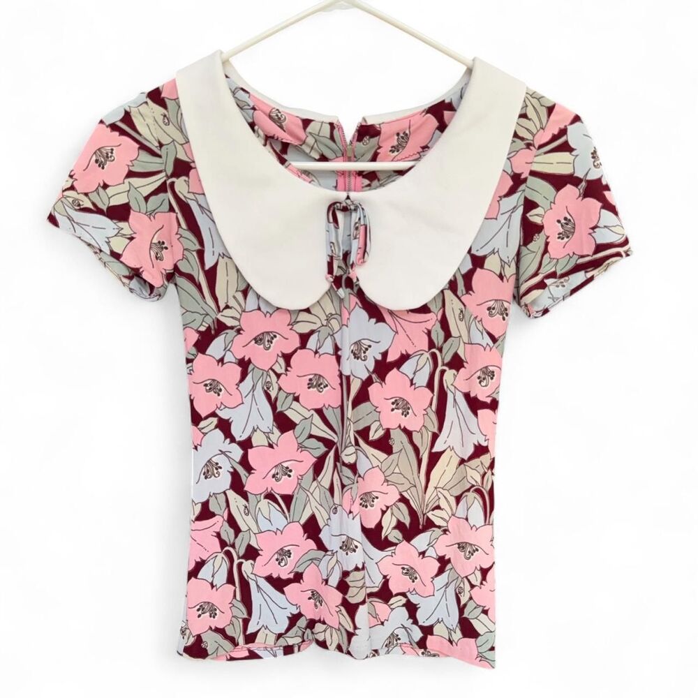 Vintage girls 70s Floral Blouse  Peter Pan Collar size XS